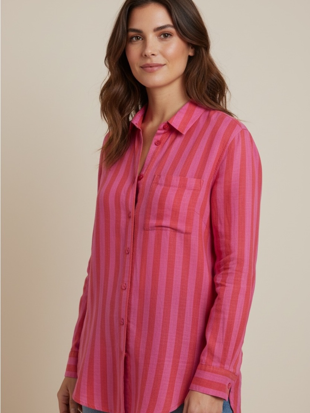 Z Supply Pink and Red Striped Casual Button-Down Shirt